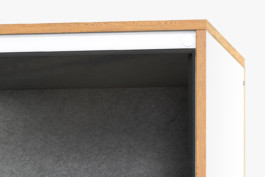 Phone booth corner, detail shot of the wood edge Studio Boost