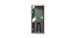 Meetingroom booth with glas front, wood edges, grey felt and black stool Studio Boost