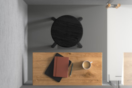 Phone Booth top view wood table coffee notebook stool Studio Boost