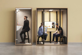 Meetingroom + Phonebooth with glas front, wood edges, grey felt and black furniture Studio Boost